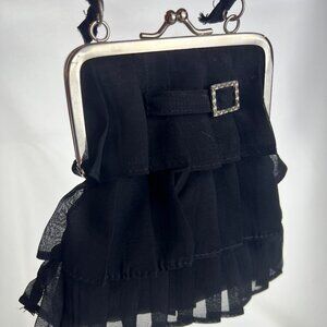 Vintage Black Layered Chiffon Small Lined Evening Purse with Kiss Lock Closure